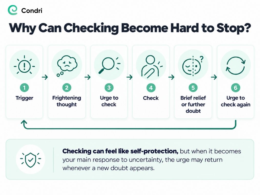 A visual showing the six stages of the body-checking cycle, from the initial trigger through to the urge to check again.