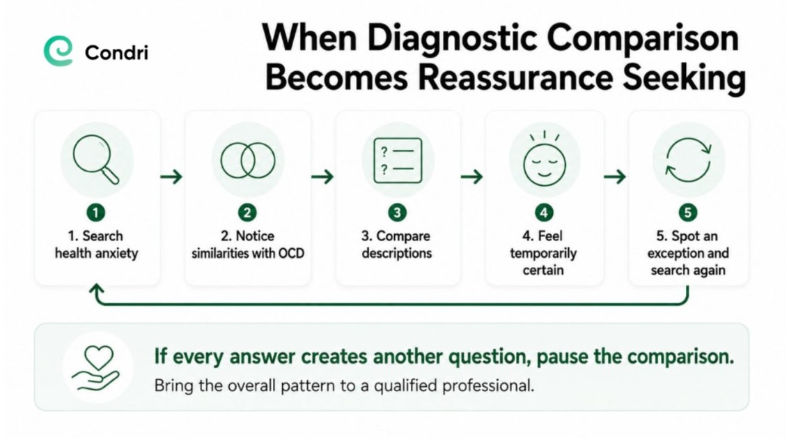 diagnostic-comparison-reassurance-seeking-infographic.jpg: Infographic showing how repeated diagnostic comparisons can become a cycle of reassurance seeking and temporary certainty.