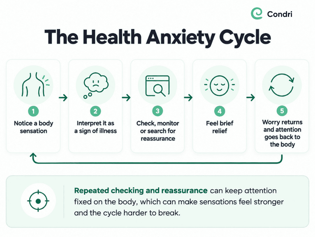 Infographic showing the five stages of the health anxiety cycle, from noticing a body sensation and fearing illness to reassurance seeking, temporary relief and returning worry.